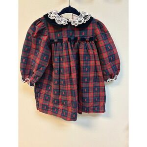 VTG Plaid Dress with Lace Collar Navy Red By Goodlad 18 Mo Toddler W/ Bells